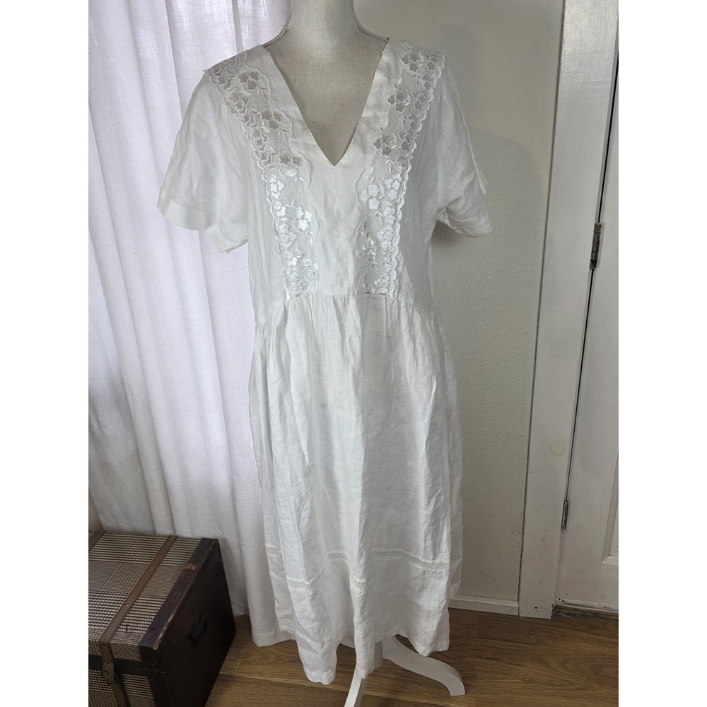 Mena Cinque Dress 100% Linen One Size Lace White Midi Short Sleeve Made In Italy